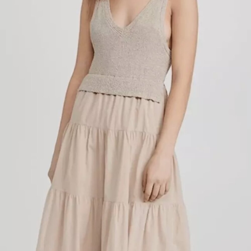 En Saison Alwin V-Neck Midi Dress Mixed Media Sweater Poplin Sz M